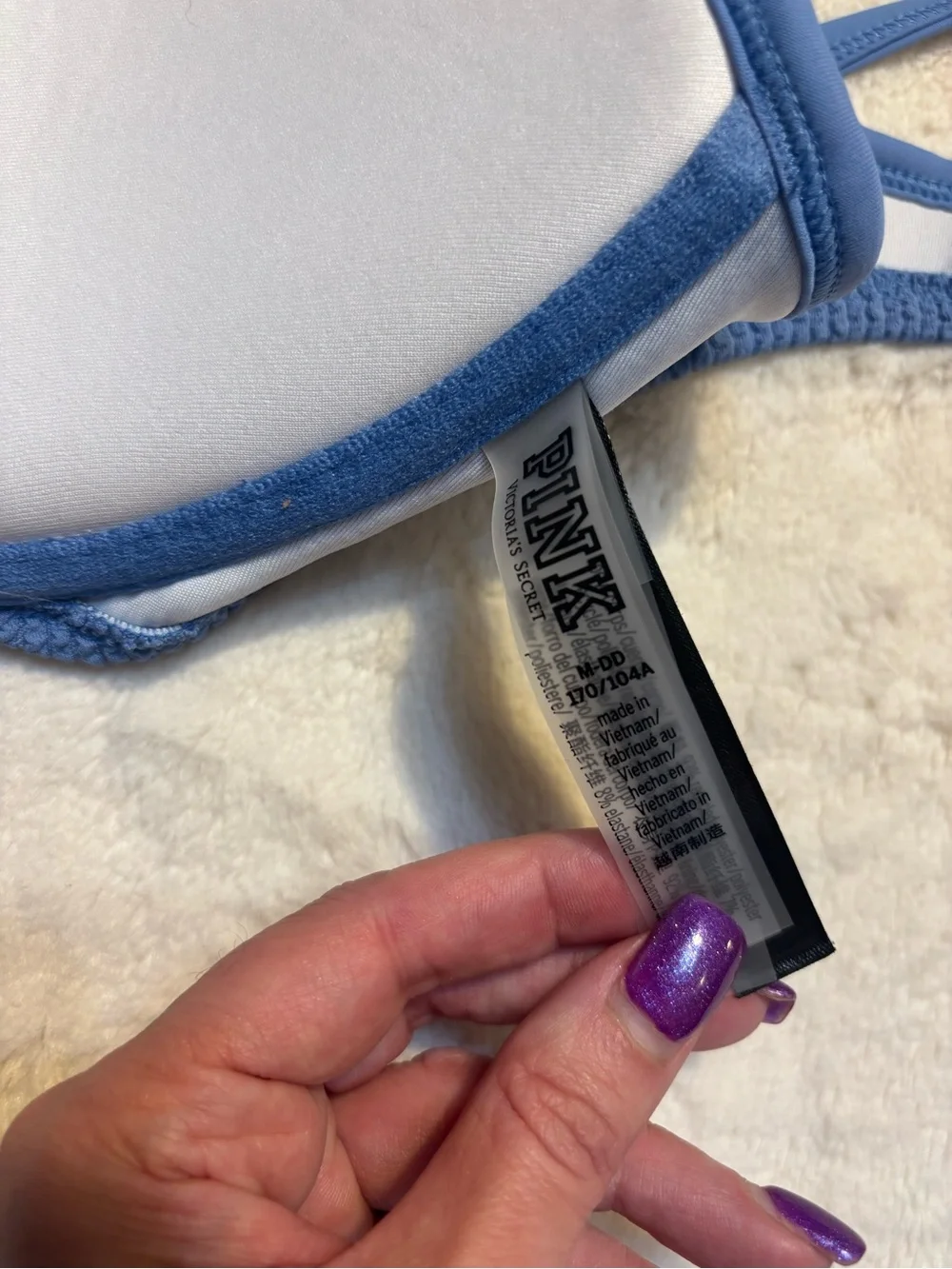 New PINK Victoria's Secret Bikini Top M-DD Blue Crinkle Texture Pushup Underwire